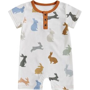 Lamuusaa Newborn Baby Boy Easter Outfit Short Sleeve Bunny/Easter Egg Romper Button Ribbed Bodysuit Jumpsuit Summer Clothes