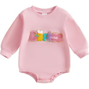 Newborn Baby Boy Girl Easter Outfit Embroidery Bubble Romper Sweatshirt Infant Easter Bunny Clothes