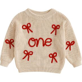 Baby Girl First Birthday Outfit Embroidered Bow Sweaters Long Sleeve Knitted Pullover Tops Fall Winter Clothes