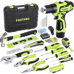 FASTPRO 160-Piece Home Tool kit with Drill, 12V Cordless Lithium-ion Drill Driver and Household Repairing Tool Set with Storage Case, For DIY, Home Maintenance, Green