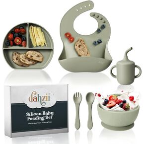 6-Piece Silicone Baby Feeding Set Non-Slip Suction Plate, Bowl, Spoon, Fork, Cup, Bib. BPA-Free, Dishwasher & Microwave Safe for Babies & Toddlers