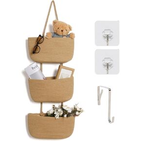 ANTIS'S HOME Over The Door Organizer Hanging Basket, 3-Tier Woven Cotton Wall-Mounted Nursery Storage Organizer Bag Boho Decorative Hanging Nursery Baskets for Living Room Bedroom - White