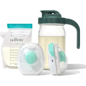 Willow - Go Double Hands Free Breast Pump w/Milk Bags and Glass Milk Pitcher Bundle