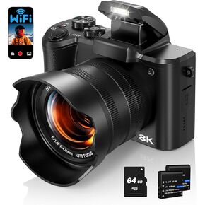 8K Digital Camera for Photography, 88MP Autofocus WiFi Vlogging Camera for YouTube Video with Front and Rear Lens, Flash, Touch Screen, Lens Hood, 64GB Card, 2 Batteries(Black)
