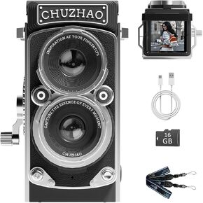 CHUZHAO Vintage Mini Digital Camera, Retro-Style Point and Shoot, 1080P Video & Photo Autofocus, Portable Compact Pocket Camera with 16GB Card for Beginners Teens Adults Black