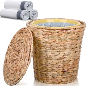 Wicker Waste Basket with Lid in Bedroom Bathroom Wicker Trash Can Office, Boho Handwoven Waste Basket with Plastic Insert and 60 Pcs Drawstring Trash Bag(4 Gallon)