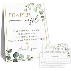 Baby Shower Diaper Raffle Game Set, 1 Standing Sign & 50 Diaper Raffle Tickets, Golden & Greenery, Supplies & Decorations For Gender Reveal, Baby Announcement, Baby Shower - A07