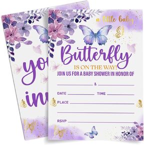 Baby Shower Invitation for Girl, Girl Purple Butterfly Baby Shower Invitations Baby Shower Party Invites Card, a Little Baby Butterfly Is on The Way, 20 Invites with Envelopes (4"x6")