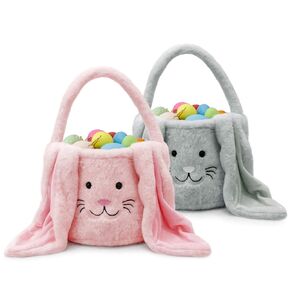 Faylapa Easter Egg Hunt Basket, Bunny Bag with Fluffy Ears- Partys Celebrate Decoration Eggs Candy Gifts 2Pcs Carry Bucket