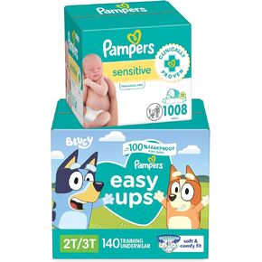 Pampers Easy Ups Bluey Pull On Training Pants Boys and Girls, 3T-4T, 124 Count with Sensitive Water Based Baby Wipes 12 Flip-Top Packs (1008 Wipes Total)