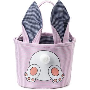 Easter Bunny Basket,Personalized Candy Egg Basket Rabbit Print Buckets with Fluffy Tail Gifts Bags (Pink)