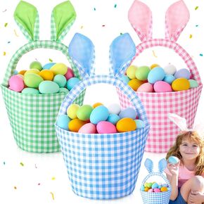 3 Pcs Easter Bunny Basket Personalized Egg Hunt Basket Bags with Rabbit Ears Easter Candy Egg Gift Buckets for Kids Easter Party Gifts, 2025 New, Safety and No Odor(Green Pink Yellow)