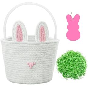 Easter Basket for Boys, White Blue Bunny Woven Cotton Rope Basket with Easter Grass and Wooden Personalized Name Tag, Toddlers and Baby Egg Hunt Gifts Home Decor