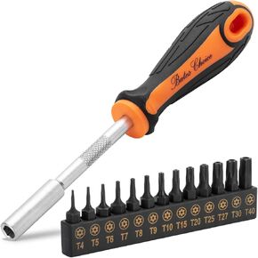 Bates- Tamper Proof Torx Bit Set, 14 pcs, T4-T40 with 1/4" Ergonomic Magnetic Bit Driver