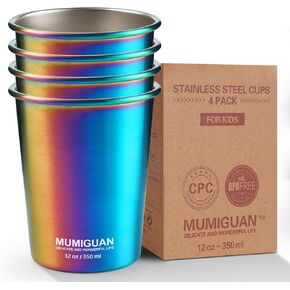 Stainless Steel Cups for Kids 8oz/240ml (4 Pack), Children's Rainbow Electroplating Cups, Camping Stainless Steel Cups, Stackable Metal Drinking Glasses, Toddler Stainless Steel Tumbler, BPA Free