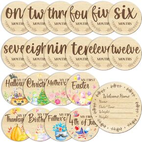 11PCS Baby Monthly Milestone for Photo Props, Double Sided Wooden Monthly Milestone Photo Cards for Baby Announcement Newborn Shower Gifts Party, First Holiday Milestones Signs Wooden Discs