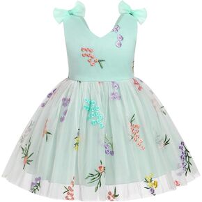 IBTOM CASTLE Infant Girl First Birthday Dress with Bow-Knot V-Neck Ruffle Tulle Party Dress Floral Princess Dress Gown