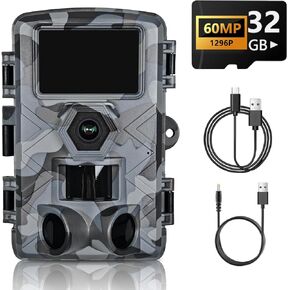 Trail Camera, 60MP and 1296P, Game Camera with WIFI, 32GB TF Card, Night Vision, Motion Activated, IP66 Waterproof, 120°Wide-Angle for Deer Scouting or Home Security, APP control, H.264 MP4 Video