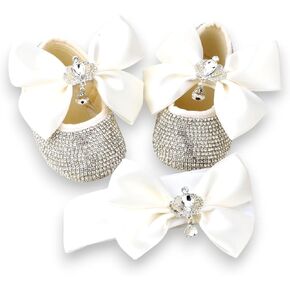 Bling Rhinestone New Born Baby Shoes and Headband, Luxury Baby Gift Set Cream