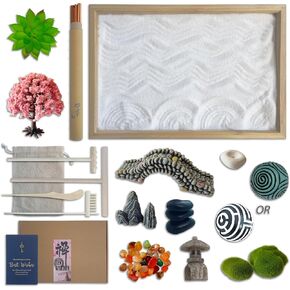 Threeheng Mini Desert Zen Sand Garden Kit for Desk, Japanese Zen Garden Alternative Sand Tray Therapy Kit with Bamboo Tray - Tranquil Haven for Mindful Relaxation and Imaginative Play