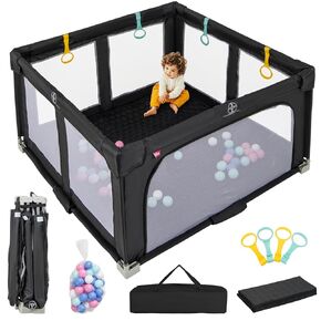 INFANS Foldable Baby Playpen with Mat, 50" x 50" Large Baby Play Yard for Infant with 50 Ocean Balls, 4 Handlers, Carry Bag, Indoor Outdoor Fence Toddler Activity Center (Black, 50" x 50")