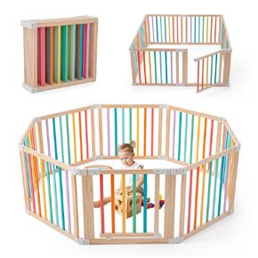 Foldable Wooden Playpen, Large Baby Play Yard with Locking Gate for Babies and Toddler 1-3 Year, Portable Playpen for Activity Center Indoor Outdoor