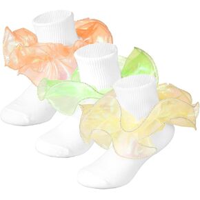 3 Pairs Girls White Ruffle Socks Toddler Double Shimmering Lace Cute Turn Cuff Dress Socks for Toddler Infant