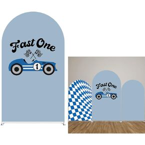 Fast One Birthday Backdrop Race Car Birthday Decor Arch Backdrop Fast One Blue Race Car Stretchy Cover for Party Decoration Round Top Frame Spandex Cover (6x2.6ft,GX-2518)