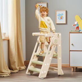 Foldable Toddler Tower Kitchen Step Stool for Sink Kids Adjustable Height Standing Tower for Children Montessori Learning Helper with Handles for Bathroom, Beige