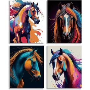 TOCDGOO Set of 4 Wild Horse Watercolor Prints - Rustic Canvas Wall Art Decor for Home, Bathroom & Bedroom - Unframed 8"x10" Animal Poster Collection - Elegant Horse Themed Decor