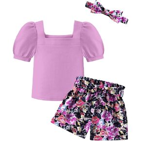 Arshiner Toddler Girl Clothes Square Neck Puff Sleeve Tops + Paper Bag Shorts + Headband 3pcs Summer Little Girl Outfits 2-8Y