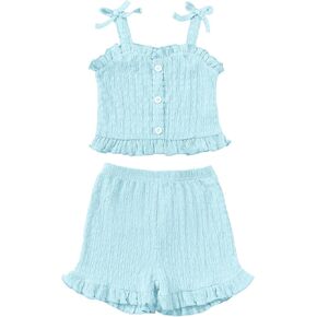 Mioglrie Toddler Baby Girl Summer Clothes Infant Outfits Cute Ruffle Sleeveless Shirt Halter Top 2 Piece Short Set