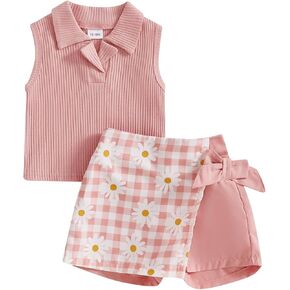 Madjtlqy Toddler Baby Girls Summer Outfit Sleeveless Ribbed Collared Tank Tops + Floral Skirt Shorts Set Kids Cute Clothes