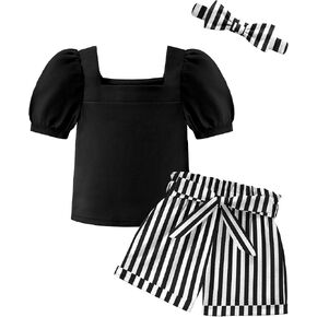 Arshiner Toddler Girl Clothes Square Neck Puff Tops + Paper Bag Shorts + The The Devel 3pcs Summer Little Girl Outfits 2-8y