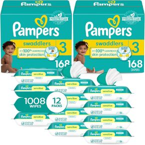 Pampers Swaddlers Disposable Baby Diapers Size 3, 2 Month Supply (2 x 168 Count) with Sensitive Water Based Baby Wipes 12X Multi Pack Pop-Top and Refill (1008 Count)