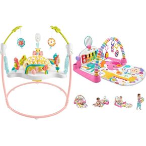 Fisher-Price Baby Bouncer Activity Center Blooming Fun Jumperoo & Playmat Deluxe Kick & Play Piano Gym with Musical -Toy Lights & Smart Stages Learning Content for Newborn to Toddler, Pink
