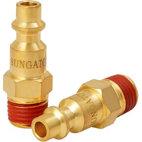 SUNGATOR 1/4 Inch Male Air Plugs, 2-Pack Brass NPT Industrial Air Hose Fittings with 1/4'' Flow Hole, Quick Connect Gas Line Fittings with Pre-Coated Sealant, M-Style Plugs Kit
