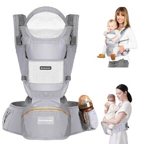 Baby Carrier with Hip Seat, Ergonomic M Position 6-in-1 Baby Carrier Newborns to Toddlers, Adjustable Baby Holder Carrier, All Seasons(Grey)