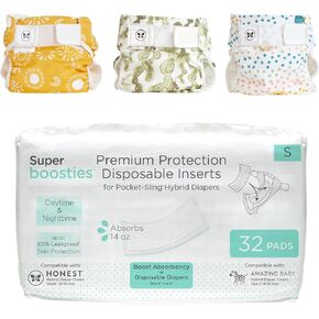 Super Boosties 32ct + Honest Hybrid Cloth Diaper Cover with Pocket-Sling, Small (8-15 lbs), Stops Nighttime Leaks, Boosties Disposable Diaper Inserts, Honest Cotton Muslin Covers, 3 Pack, Starter Kit