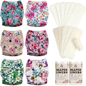 Mama Koala 3.0 Baby Cloth Diapers with 6 Inserts Bundle, with 6pcs 6-Layer Bboo Hemp Cotton Inserts, and 2 Rolls Natural Liners