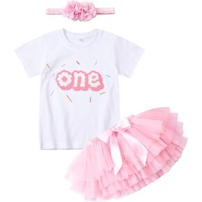 Baby Girl 1st Birthday Outfit Embroidery First Birthday Short Sleeve T Shirt Tutu Skirt Headband 3pcs Clothes Set
