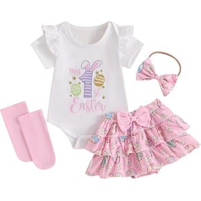 My First Easter Baby Girl Outfit Bunny Ruffle Short Sleeve Romper Layered Tutu Skirt Headband 3Pcs Clothes Set