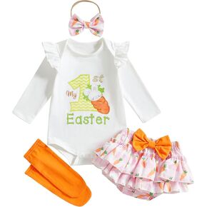 BeQeuewll Newborn Baby Girl First Easter Outfit Bunny Clothes 1st Easter Romper Carrot Ruffle Skirt Set Infant Girl Outfits