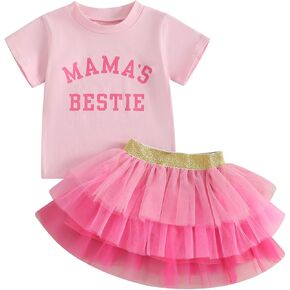 Kayotuas Toddler Girl Summer Clothes Mamas Bestie Outfit Short Sleeve T-shirt Ruffle Layered Tutu Skirts Cute Birthday Dress
