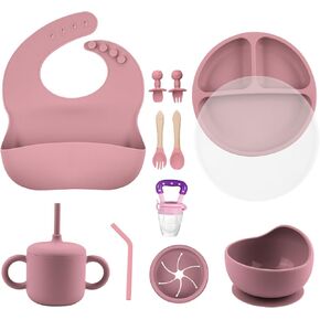 Silicone Baby Feeding Set, Baby Spoons Self Feeding 6 months, Baby Suction Bowl, Plates, Bib, Spoons set, Baby Led Weaning Supplies to Develop Self-feeding Skills, Dishwasher Safe (Pink)