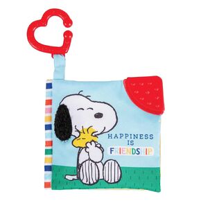Kids Preferred Peanuts Snoopy Baby Stuff Fun Crinkle Book with On The Go Travel Clip Teether Soft Sensory Book for Babies & Toddlers, 5.25x5.25 Inches