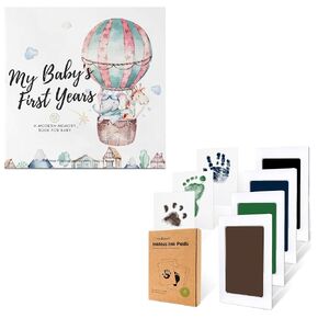 KeaBabies First 5 Years Baby Memory Book Journal & Inkless Hand and Footprint Kit - 90 Pages Hardcover First Year Keepsake Milestone Baby Book For Boys, Girls - 4-Pack Ink Pad for Baby Footprints Kit