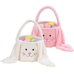 Plush Easter Bunny Basket Bags for Kids, Rabbit Bucket Tote with Long Fluffy Ears, Cute Egg Hunts Party Storage Candy Gifts Carry Bucket Decorations (White + Pink)