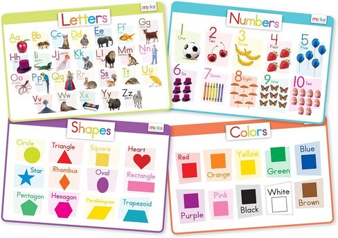 Merka Placemats for Kids - Set of 4 - Reusable, Washable Toddler Placemat with Non-Slip Back, Learn Letters, Numbers, Shapes, Colors - For Mealtime, Playtime, and Craft Activities, 17 x 11 in in Kuwait