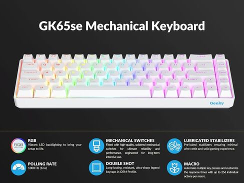 Geeky GK65 65% | Hot Swappable Mechanical Gaming Keyboard | 68 Keys Multi Color RGB LED Backlit for PC/Mac Gamer | ANSI US American Layout (Black, Mechanical Speed Yellow) in Kuwait